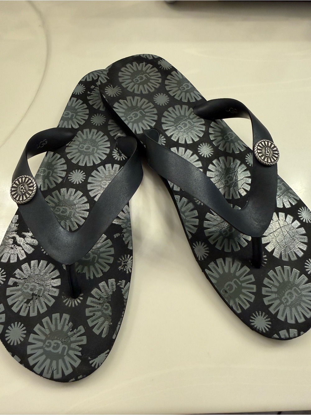 UGG Black and gray Flip Flop Sandals with White Logo Sunburst Print